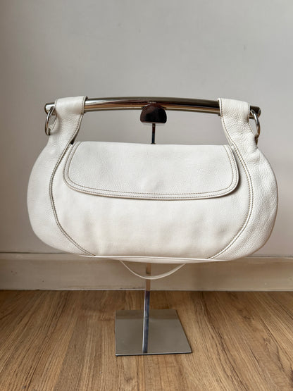 AVAILABLE | Prada Vitello Daino White Pebbled Halfmoon Swing Bag – White