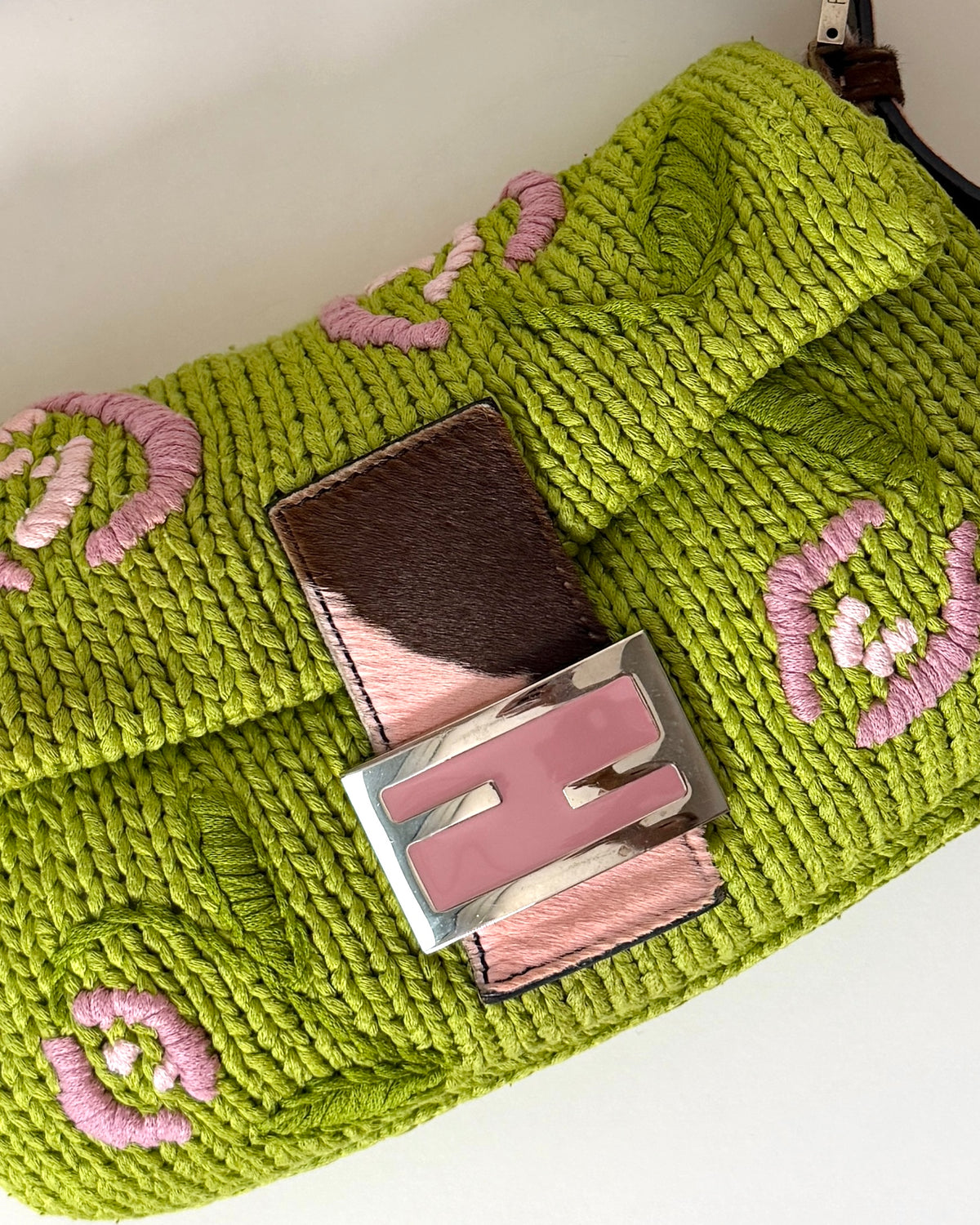 AVAILABLE | Fendi Knitted Floral Green Pink Baguette