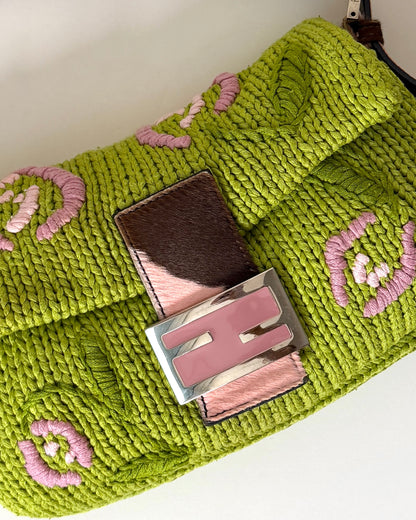 AVAILABLE | Fendi Knitted Floral Green Pink Baguette