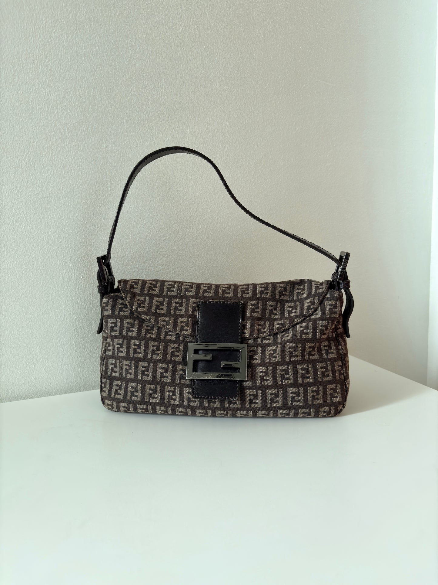 Fendi Mocha Zucchino Double Flap Baguette