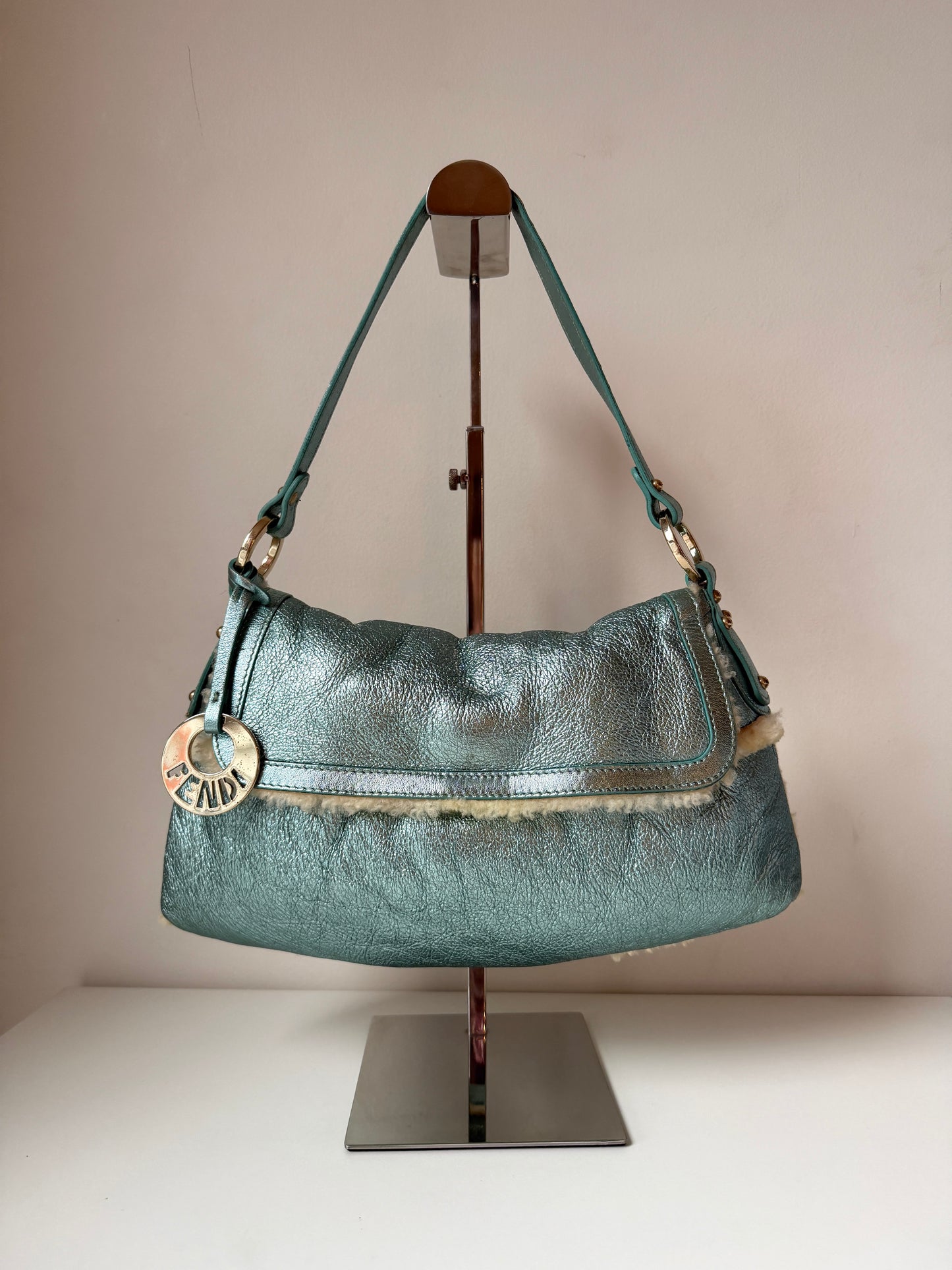AVAILABLE | Fendi Tiffany Blue Metallic Shearling Chef Bag