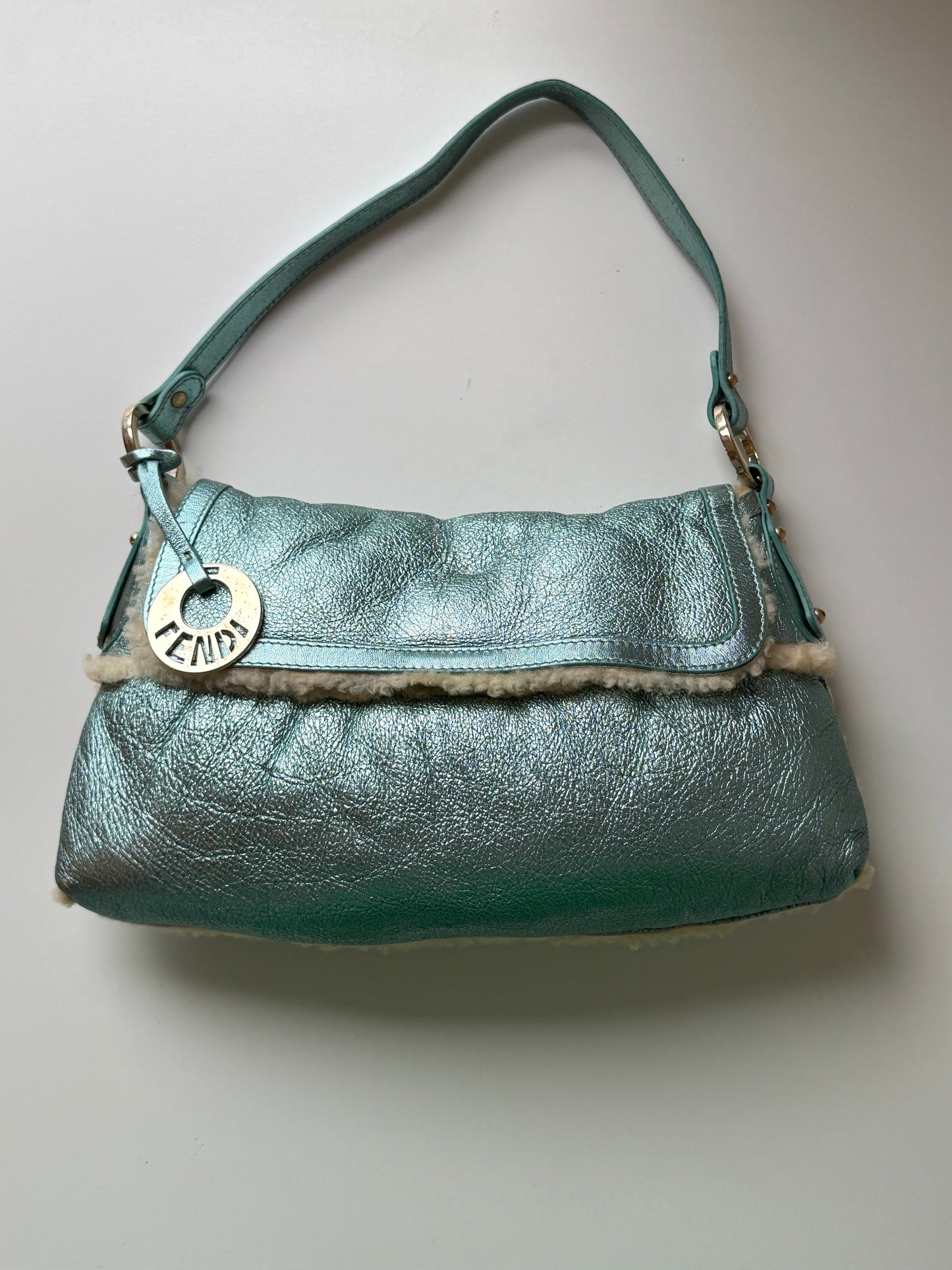 AVAILABLE | Fendi Tiffany Blue Metallic Shearling Chef Bag
