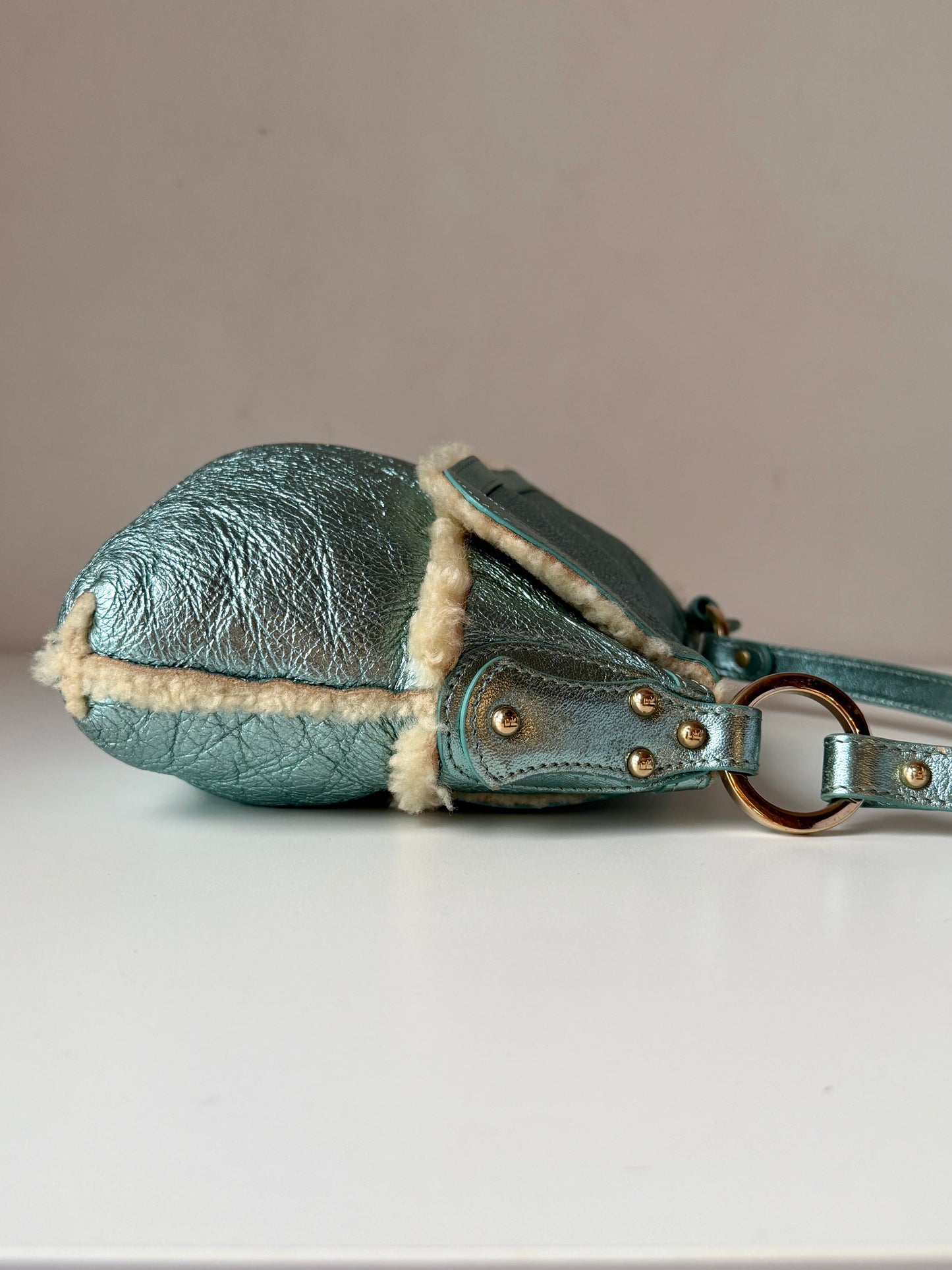 AVAILABLE | Fendi Tiffany Blue Metallic Shearling Chef Bag