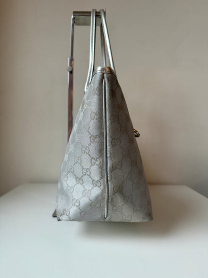 AVAILABLE | Gucci Metallic Canvas Shopper Bag – Silver