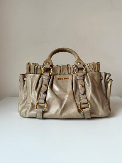 AVAILBLE | Miu Miu Vitello Lux 2-Way Leather Handbag – Light Grey